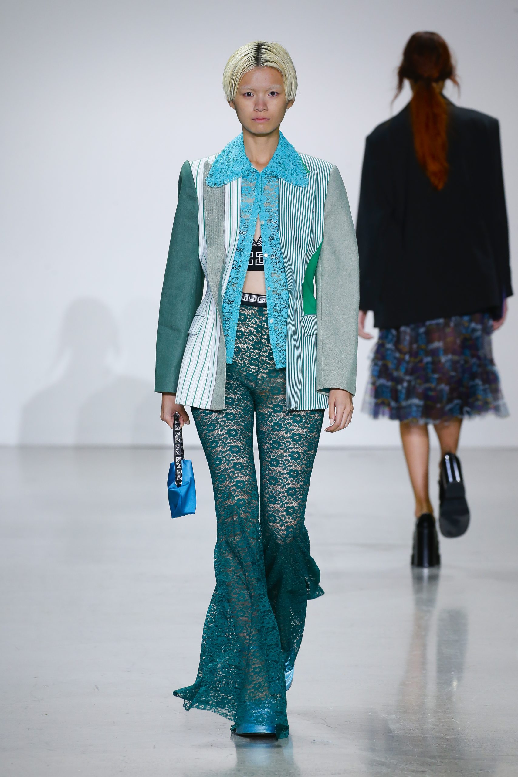 Female model with blue and green outfit at Metaverse, Past, Present, and Future SS23 show at New York Fashion Week